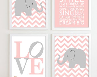 Baby Girl Nursery Art Chevron Elephant Nursery Prints ...