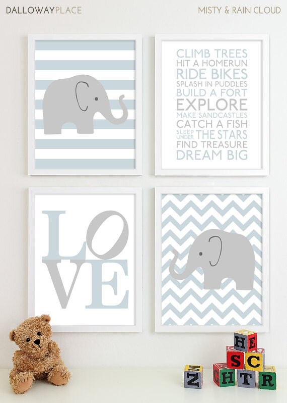 Baby Boy Nursery Art Chevron Elephant Nursery Prints Kids