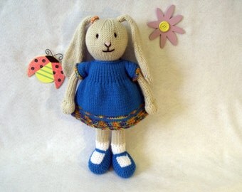 Toy doll bunny knitting pattern. Bina the Bunny. Floppy eared bunny with paws. PDF instant download toy knitting pattern