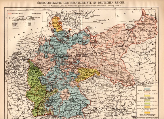 1895 Antique German Empire Map Deutsches Reich Berlin