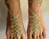 Irish-Green Glass Beaded Barefoot Sandals. Fine Shoeless Foot Jewelry