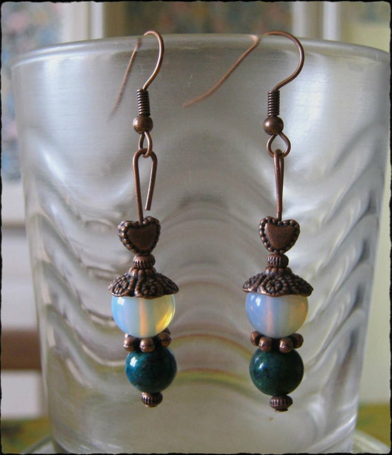 Handmade Copper Earrings with Chrysocolla & White Opal by IreneDesign2011