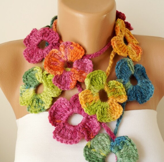Items similar to Flower Scarf, Handmade Crochet , Rainbow mix tones ...
