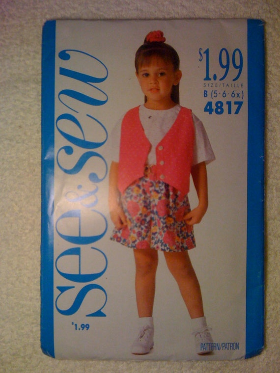 Butterick 90s See and Sew Sewing Pattern 4817 Childs Vest, Top and Shorts Size 5-6x Sale