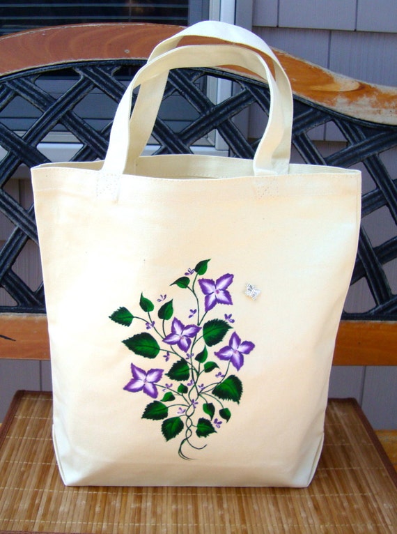 Hand Painted Tote Bag With Flowers With Beaded Centers, Unique Gifts