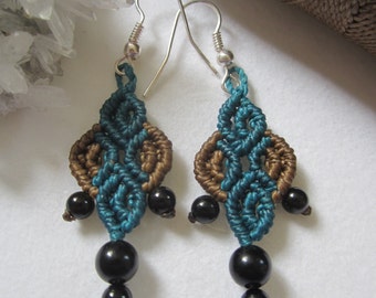Blue Navy & Grey Macrame Earrings with Sodalite and Quartz