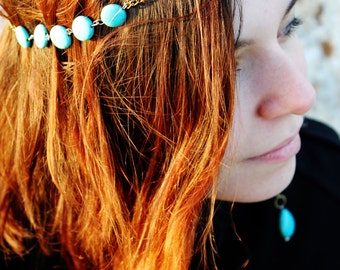 Prague - Turquoise Beaded Bronze Headchain Headdress Hippie Hipster Bohemian Boho Wedding Beach Style 2013's Trend
