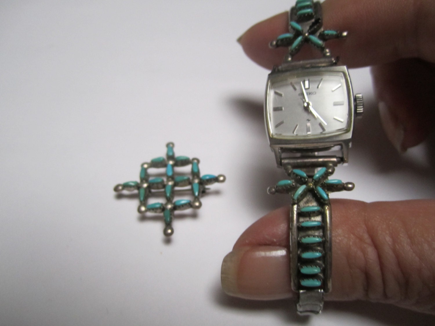 Traditional ZUNI Petit Point Watch Band and Brooch Native
