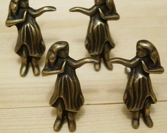 Lot of 4 pcs HAWAIIAN Hula Hula GIRL Antique Vintage Solid Brass Cabinet Drawer Pull