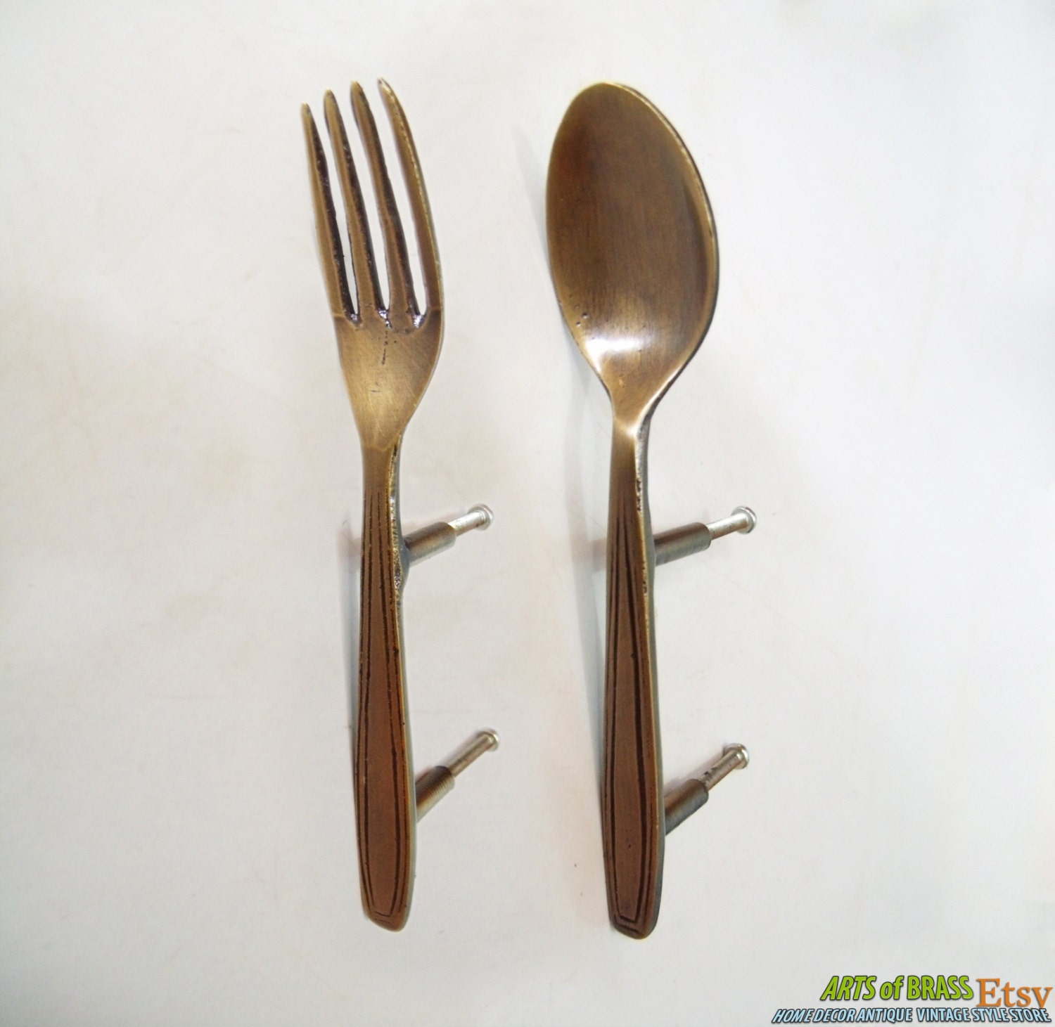 Pair Vintage FLATWARE SPOON & FORK Solid Brass by ArtsofBrass