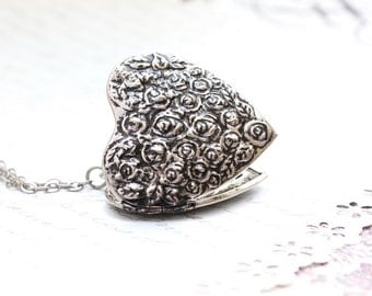 Large Heart Locket Necklace Antique Silver Layering Long Necklace Floral Locket Pendant Vintage Style Picture Locket Secret Hiding Place