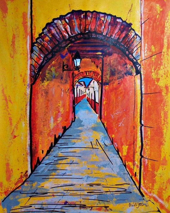 Original painting Zacatecas town in Mexico architectural art