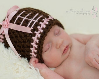 Light Pink Football Hat, Baby Hat, Toddler Hat, Newborn Hat, Flower Hat, Baby Beanie, Toddler Beanie, Crochet Baby Hat, Baby Girl Hat