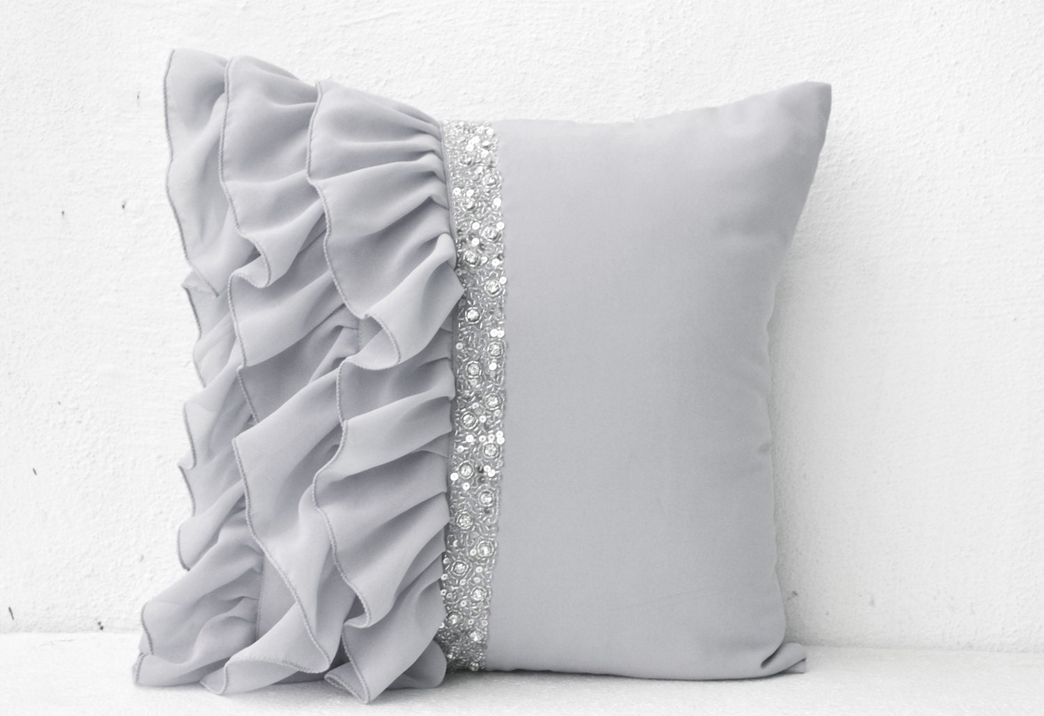 Silver Grey Ruffled Sequin Throw Pillow Cover Decorative