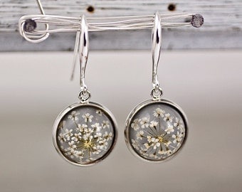 Real dried flower earrings - SILVER GREY II. Elegant jewelry for her.