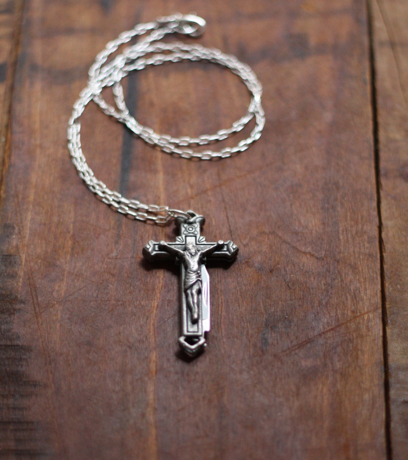 Pocket Knife Necklace Crucifix Cross Silver Religious Symbol