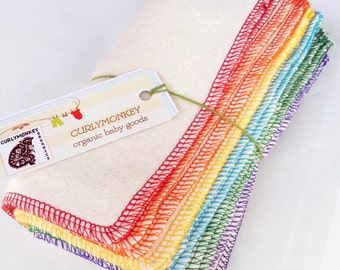 12 Organic Baby Wipes - Cloth Diaper Wipes - Eco Washcloths: Hemp Organic Cotton Fleece 7" X 7". Rainbow. Kids Eco Friendly