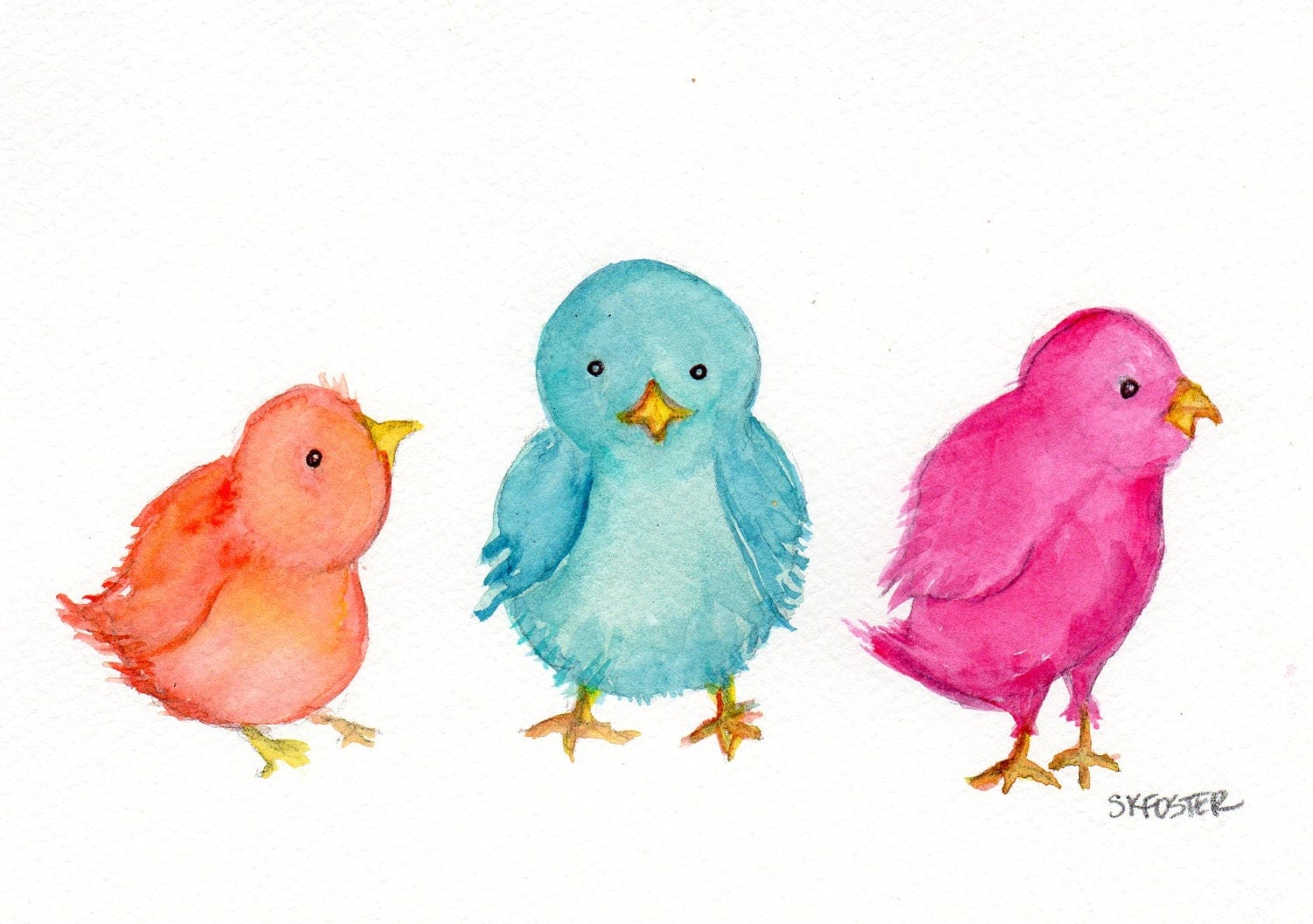 Easter Baby Chicks watercolor painting original Colorful Baby