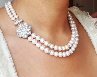 Pearl Bridal Necklace, Crystal & Pearl Wedding Necklace, Art Deco Bridal Jewelry, Statement Wedding Necklace, Pearl Necklace, Madeline