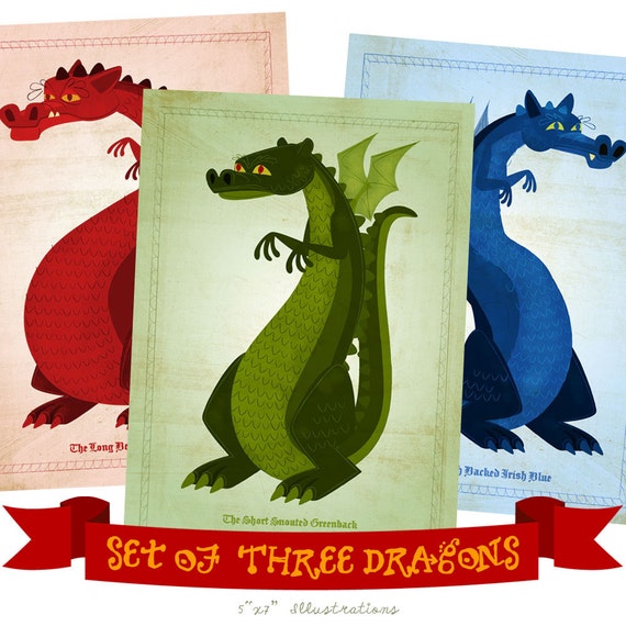 Items similar to Dragon Art- 3 Print Set- 5"x7" Prints-Dragon Decor