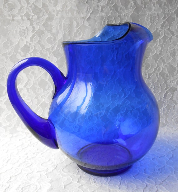 Vintage Cobalt Blue Blown Glass Pitcher