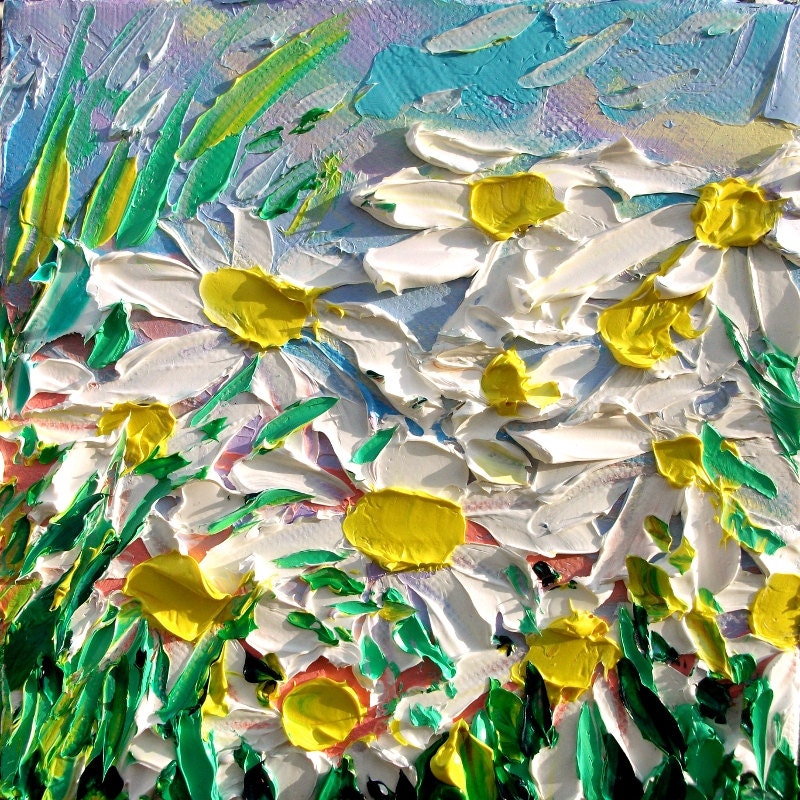Abstract Oil painting impasto daisies flowers 6x6 art by Aja
