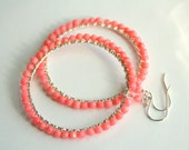 Coral Hoop Earrings, Wire Wrapped Sterling Silver Pink Peach Earrings, Under 50
