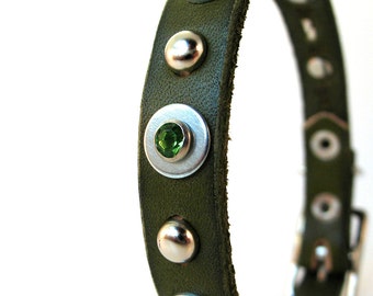 Olive Green Leather Dog Collar with Industrial Sparkles, Size XS-S, to fit a 8-11in Neck, Small Dog, Recycled Belt, Seattle Handmade, OOAK