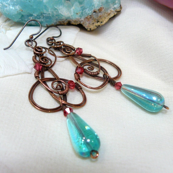 Copper Celtic Knot Wire Wrapped Earrings with Aqua Glass Drops