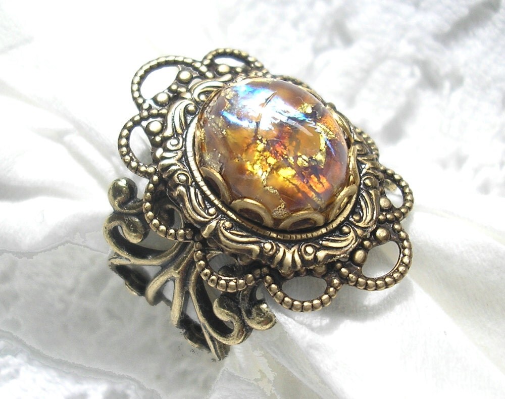 Gold Dust Ring Topaz Harlequin Art Glass Opal in Antiqued