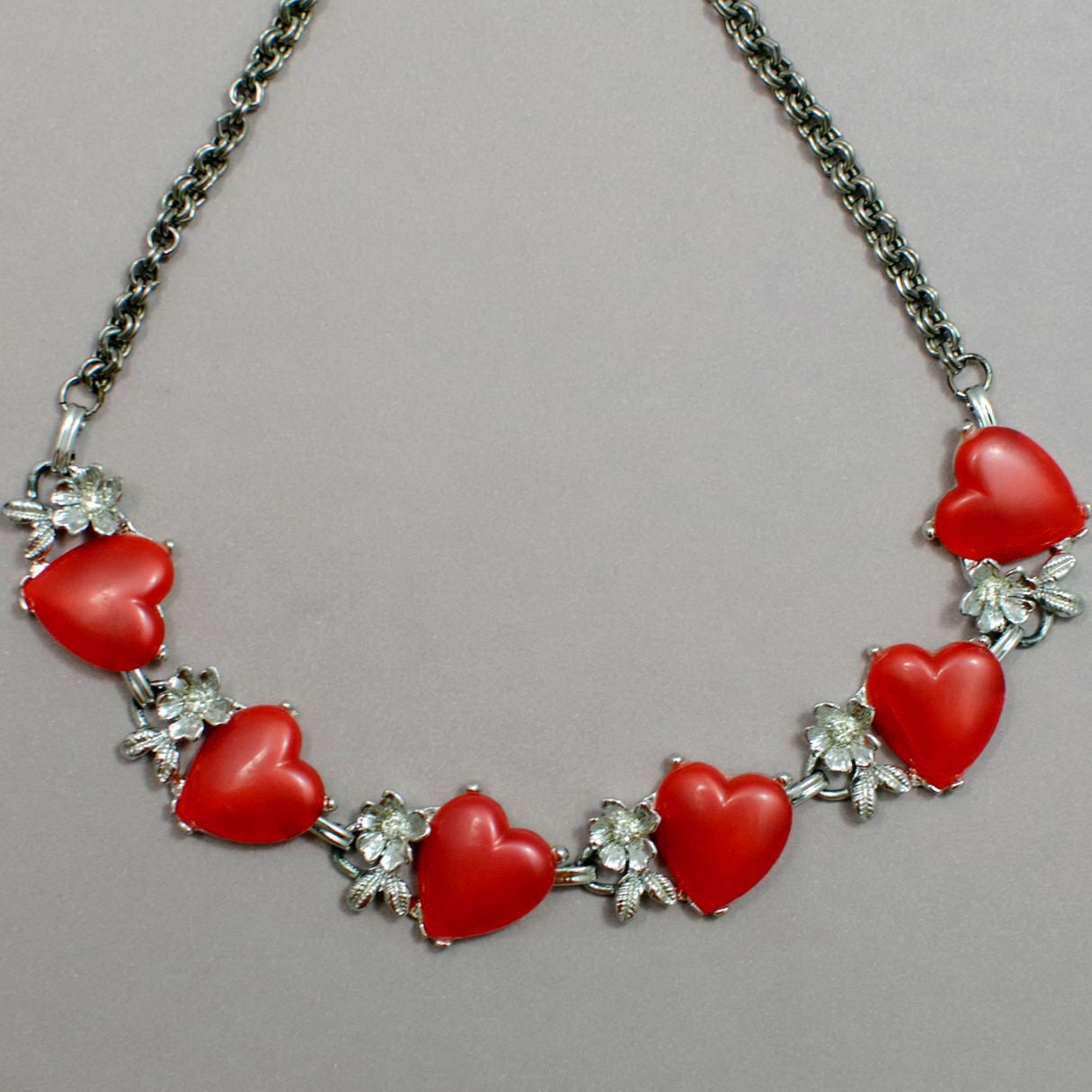 1950s Necklace Red Heart Lucite Plastic Rhinestones Flower