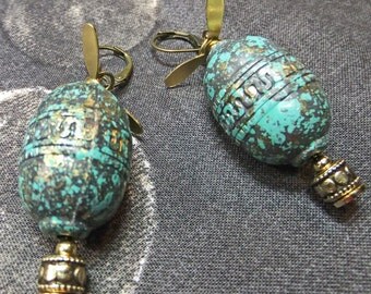 Steampunk Air Ship Fantasy Hot Air Balloon with Brass Top Propeller Leverback Dangle Earrings