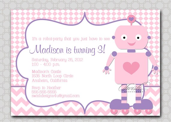Girls Robot Invite - Pink robot invite Digital Printable Birthday 5x7 Invitation Il_570xn