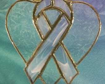 Stained Glass Whispy Pink Ribbon Heart Suncatcher