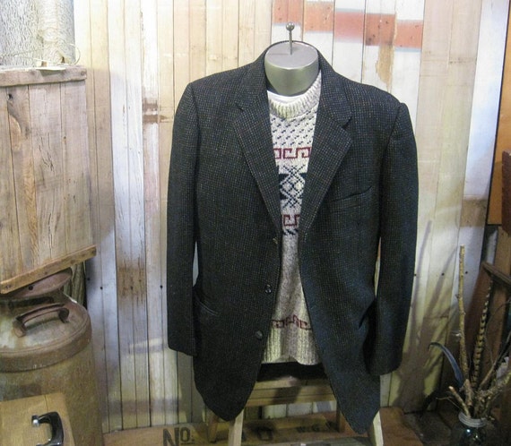 1950s Black  Fleck Tweed  jacket Vintage check plaid wool 50s coat