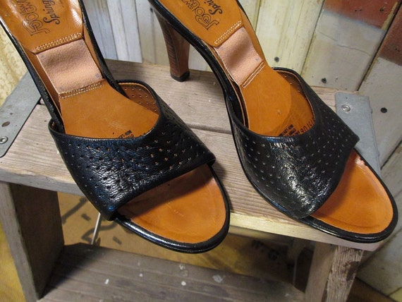70s SpringOlators Vintage Black Leather High Heel Sandal shoes  9.5