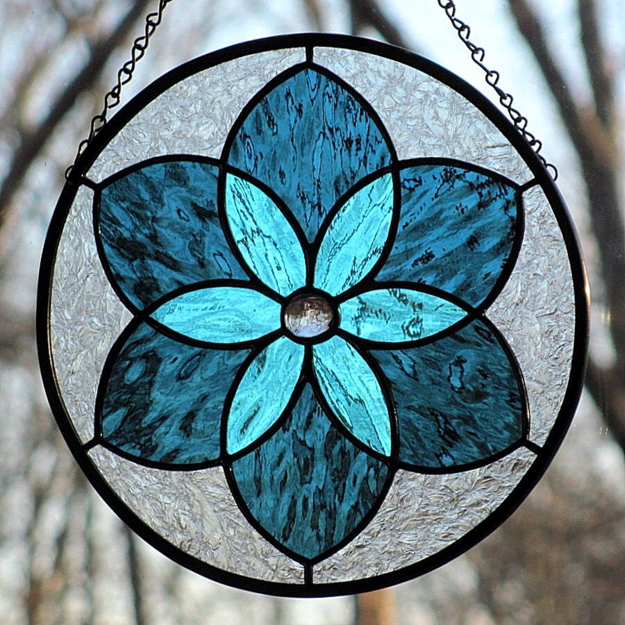 Steel and Sky Blue Stained Glass Six Pointed by LivingGlassArt