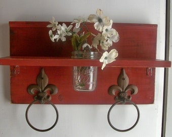 Country Primitive Cottage Bathroom or Kitchen Fleur de Lis Towel Rings Shelf with Mason Jar