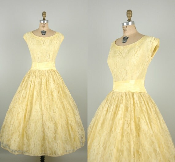 1950s Pale Yellow Prom Dress / Vintage Lace Tea Length Wedding