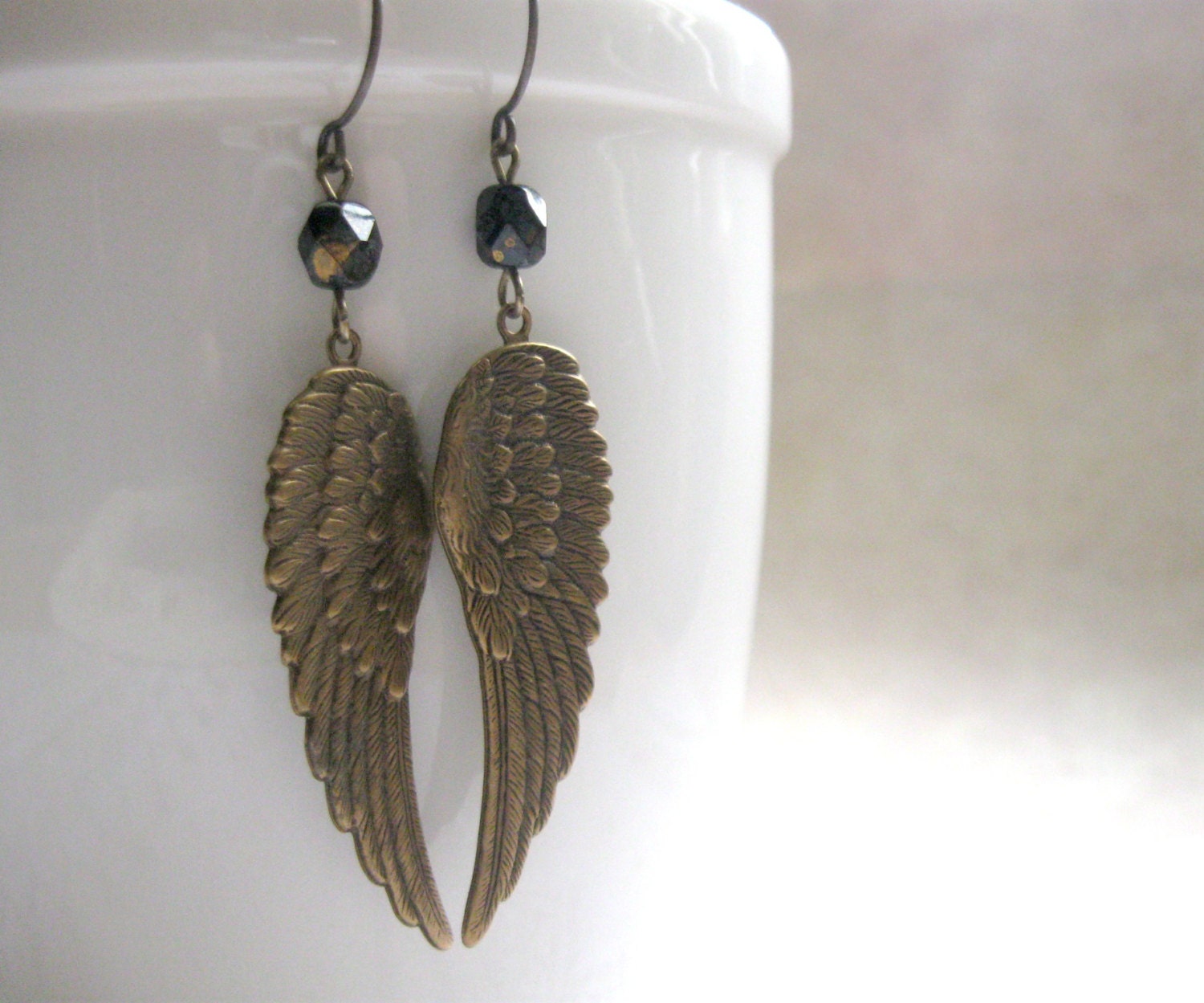 Angel wing earrings brass long dangles feather earrings