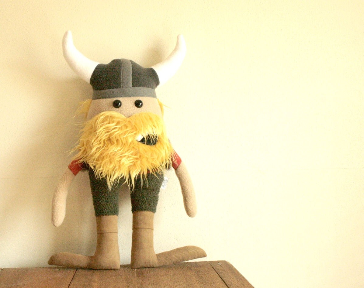 Stuffed Viking Doll Plush Furry Vest Lush Mustache and Full