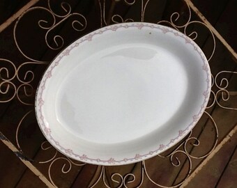 Vintage Antique Well Loved Old Creamy White Oval Meat Platter with Pink Roses