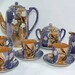 Japan Lusterware Birds Blossoms Tea Set Hand Painted Teapot Creamer Sugar Cups Peach Orange Blue Purple