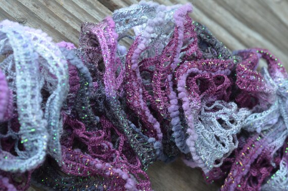 Hand Knit Ruffle Scarf Purple and Lavender Patron's Pirouette Yarn