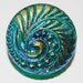 Czech Glass Button; Teal and Gold Swirl with Brass Shank