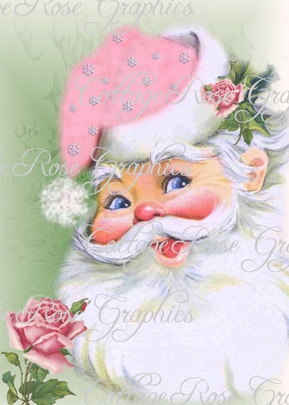 Pink Shabby Retro Santa and roses Large digital download ECS
