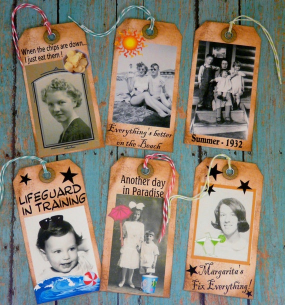 Old Summer & Funny Tags 2 pdf sheets-  U Print Collage art fun vintage photos primitive digital beach margarita chips baby sayings