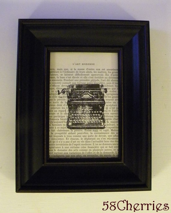 Framed Print of Antique Typewriter on Vintage French Book Paper - Steampunk Chic - Modern Art - Black and White