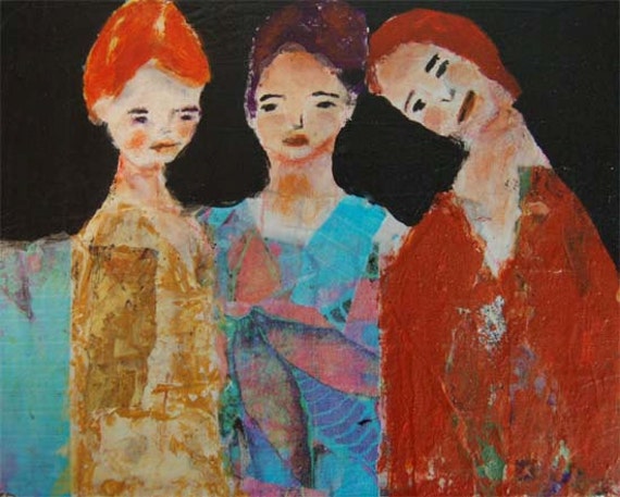 Original Acrylic Portrait Painting, Three Sisters, Girls, Orange, blue, yellow 8x10 wrapped canvas