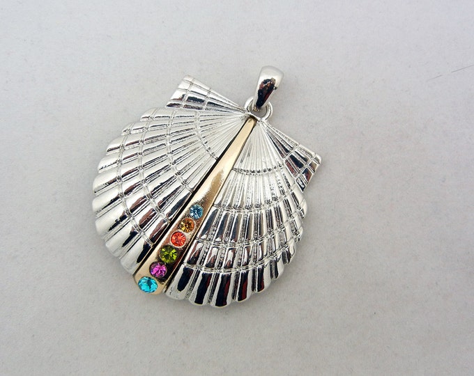 Two-tone, Silver-tone Seashell Pendant with Gold-tone Center Multi Colored Rhinestones